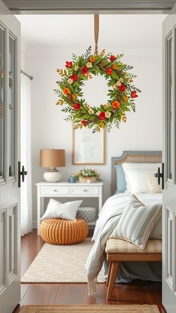 A colorful seasonal wreath hanging in a cozy room, adding a touch of charm to the decor.