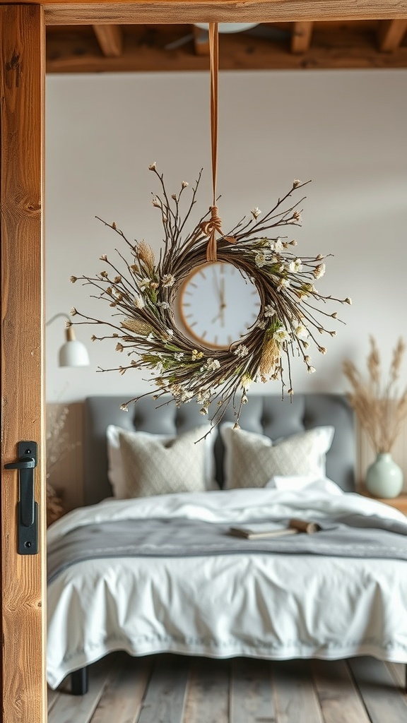 A rustic wreath made of twigs and dried flowers hanging in a cozy bedroom.