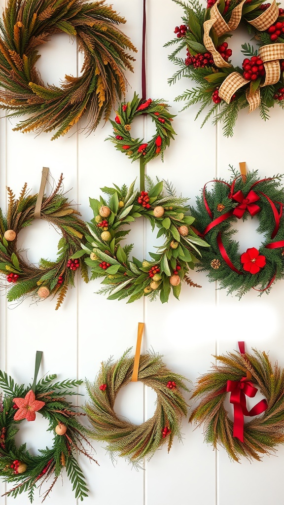 A collection of seasonal wreaths displayed on a wall, featuring various designs and colors.