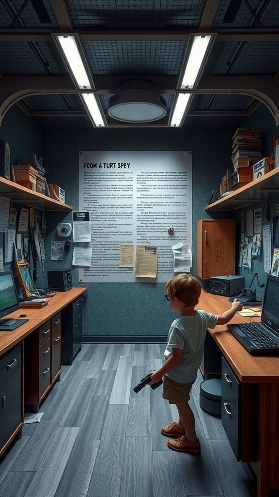 A young child standing in a cluttered room, holding a toy gun, with notes and devices on desks around them.
