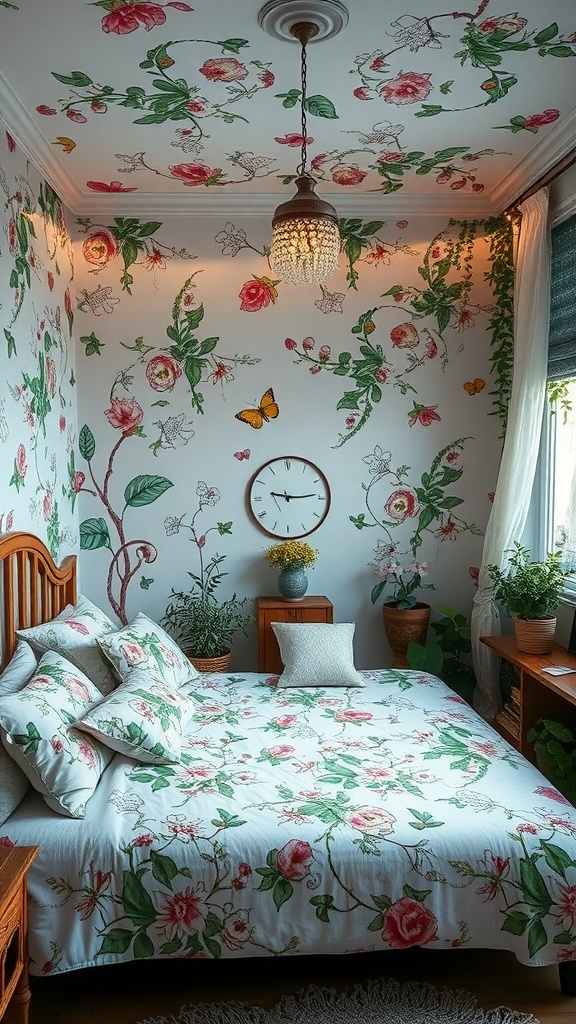 A bedroom decorated with floral wallpaper, a floral comforter, and plants, creating a serene garden atmosphere.