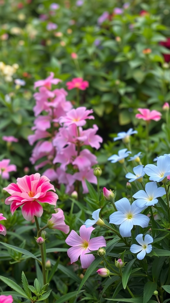 A vibrant garden with pink and blue flowers, symbolizing a gender reveal celebration.
