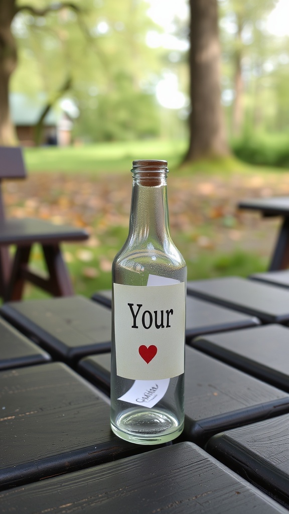 A clear glass bottle with a label saying 'Your ❤️' on a black table.