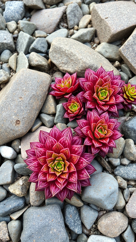 Colorful sedum plants growing among rocks in a garden setting.