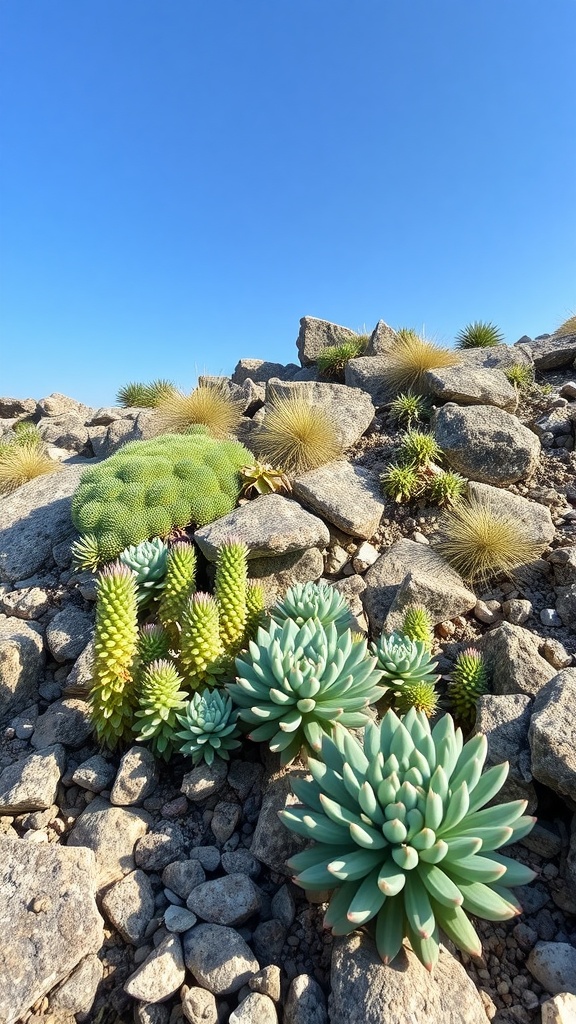 A variety of sedum plants growing among rocks under a clear blue sky.