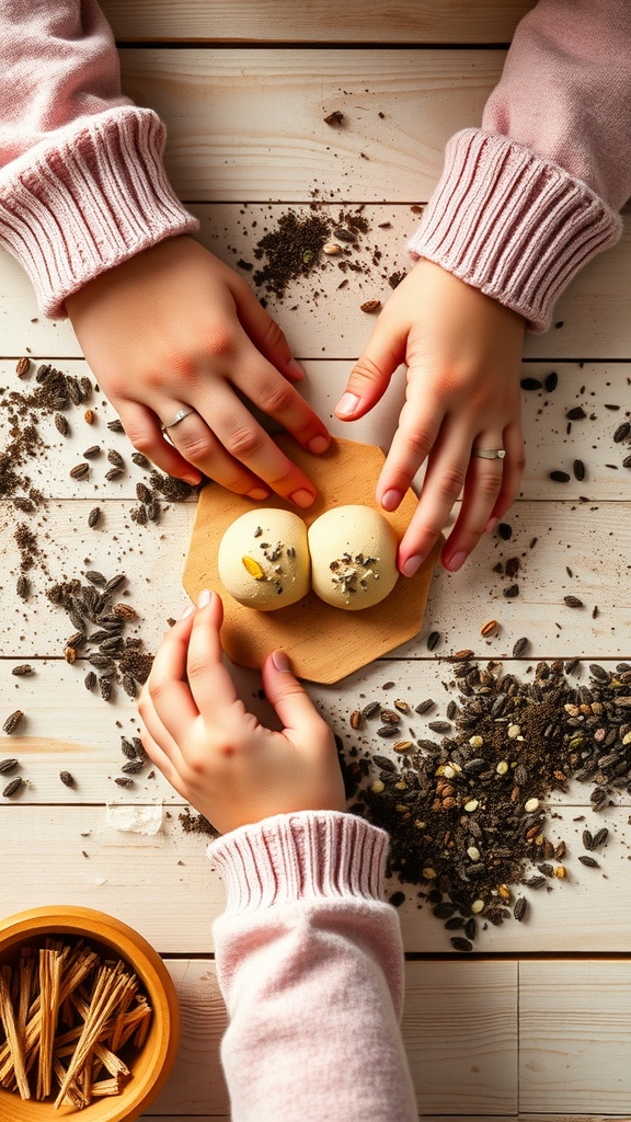 Two hands forming seed bombs from soil and seeds on a wooden table.