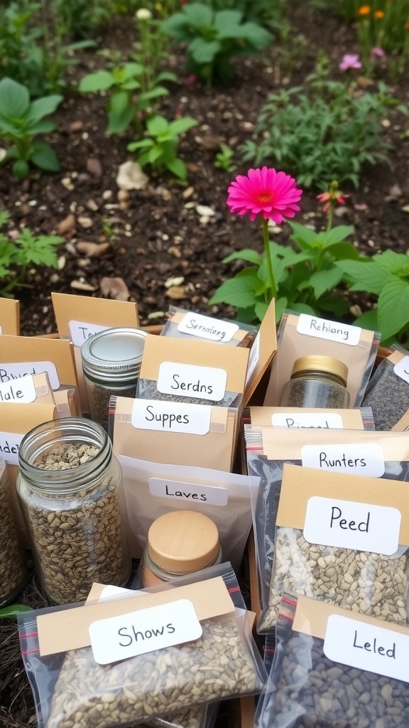 Containers filled with labeled seeds and a pink flower in a garden