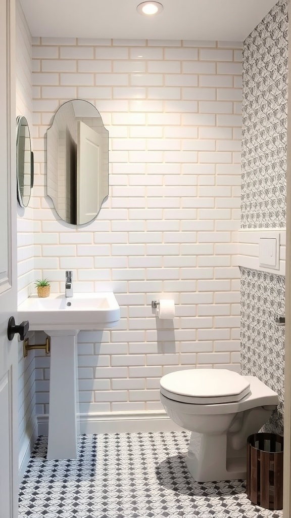 Small modern bathroom with white subway tiles and a patterned statement wall
