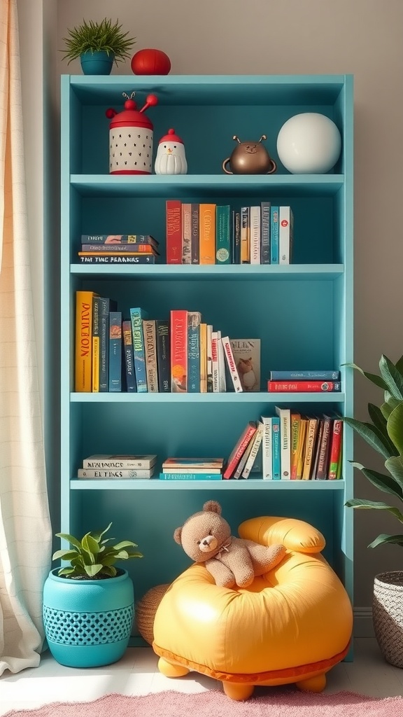 A colorful kids bookshelf filled with books, alongside a plush chair and decorative items.