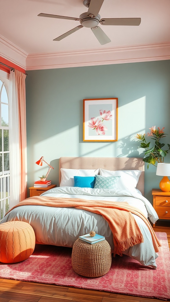 A beautifully decorated bedroom with a soft blue wall, pink ceiling, and colorful accents.
