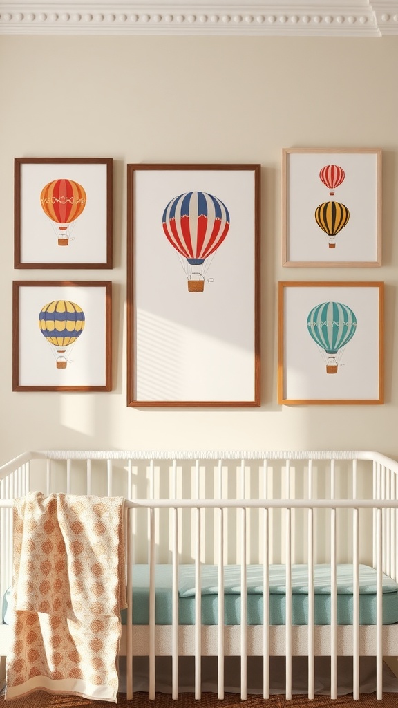 A nursery featuring framed illustrations of colorful hot air balloons on the wall beside a crib.