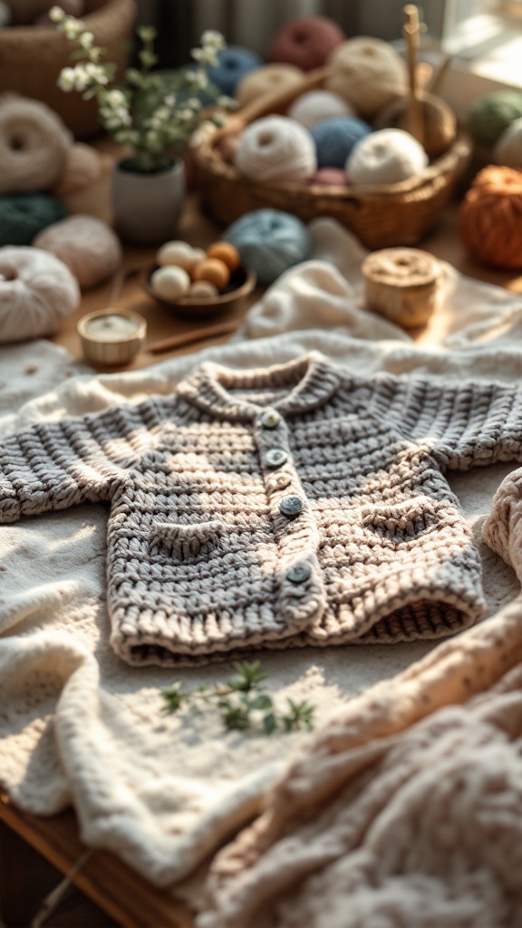 A crochet baby jacket in neutral tones, surrounded by colorful yarn and a cozy setting.