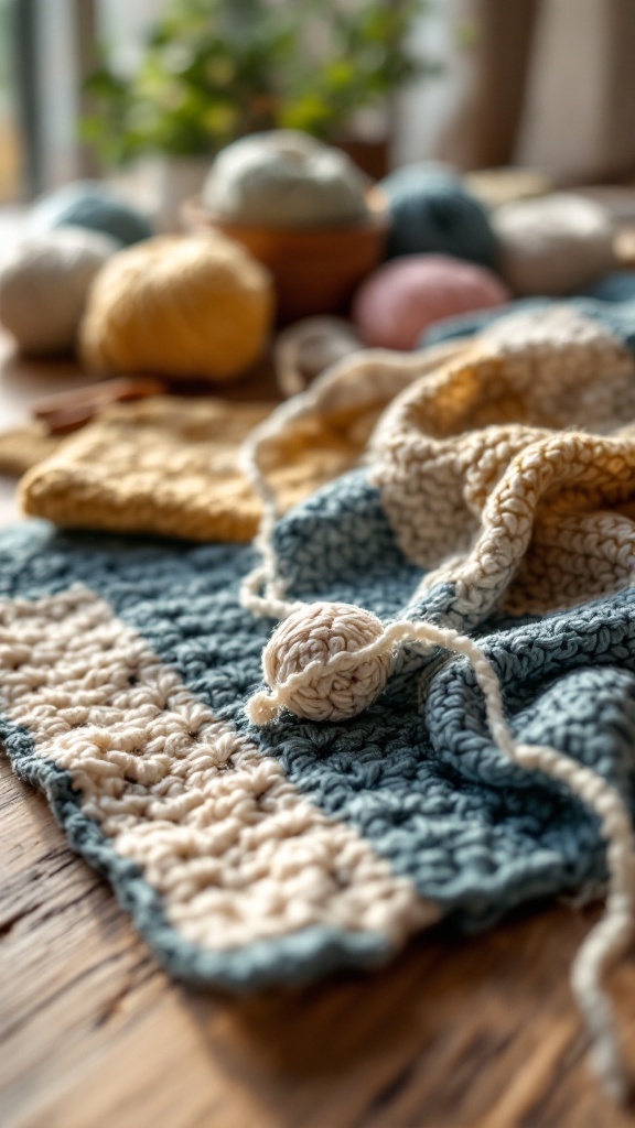 A close-up of a crochet project with different yarn colors and textures, featuring various crochet stitches.