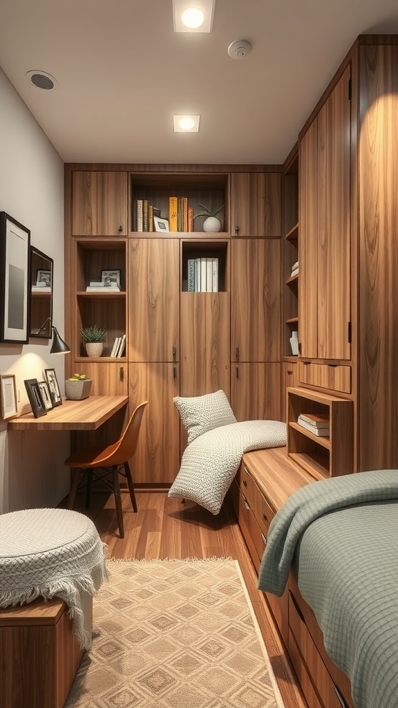 A cozy bedroom with multi-functional furniture including a bed with storage drawers, a small desk, and an ottoman.