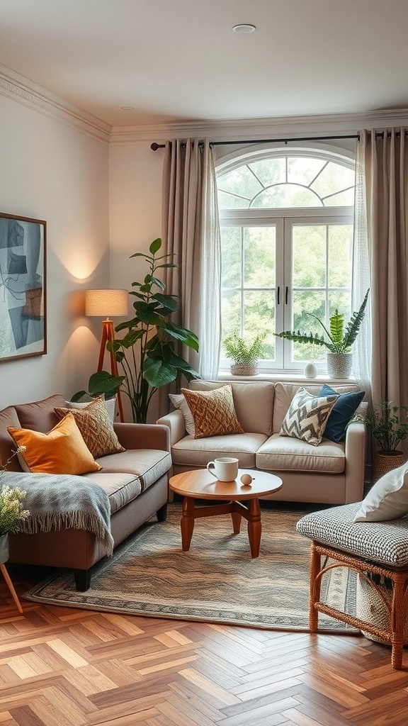 Cozy small family room with a sofa, coffee table, and plants