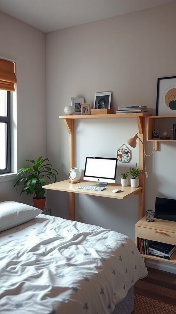 A small bedroom featuring a wall-mounted desk, computer, plants, and a cozy bed.