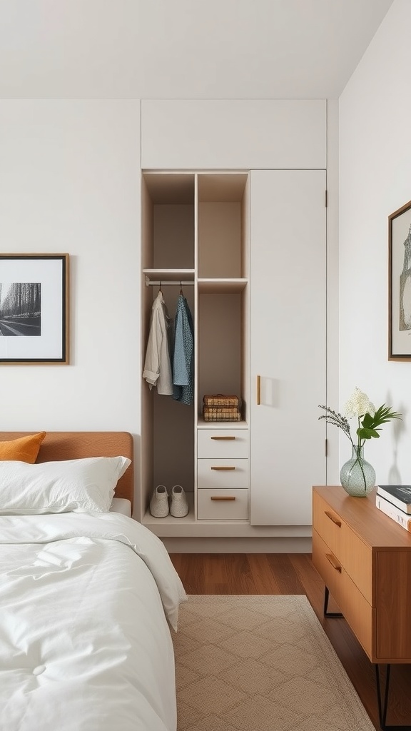 A modern wardrobe in a small guest bedroom with hanging space, shelves, and drawers