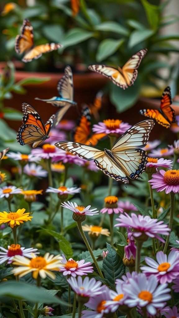 A vibrant scene of various butterflies fluttering over colorful flowers in a garden.