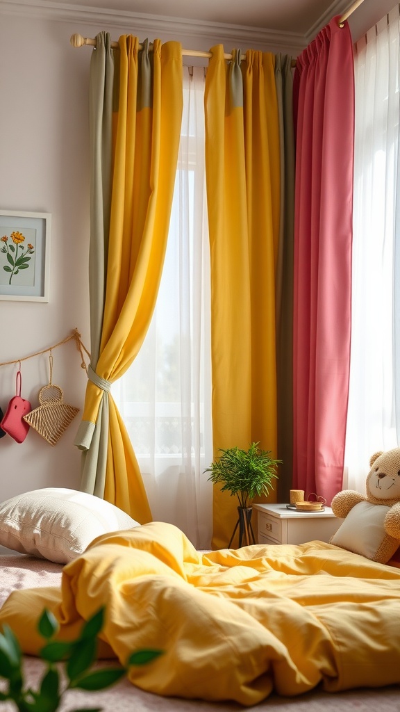 A cozy toddler bedroom with colorful curtains in yellow and pink, soft bedding, and a small plant.