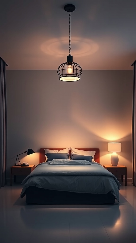 A well-decorated bedroom with a pendant light, bedside lamps, and a neatly made bed.