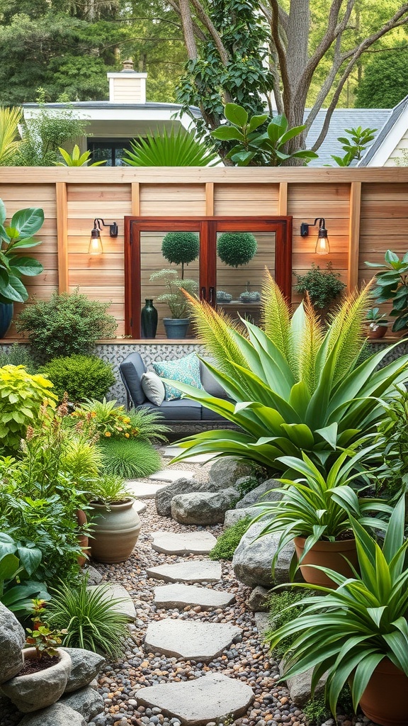 A beautifully landscaped backyard with lush greenery, stone pathways, and comfortable seating.
