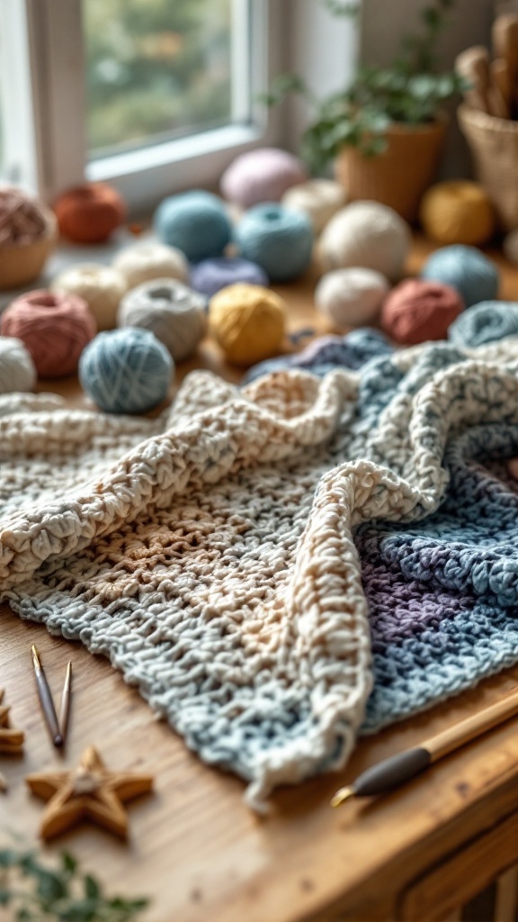 A crochet baby blanket in progress with various balls of yarn in soft pastel colors on a wooden table.
