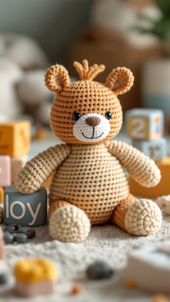 A cute crochet bear toy sitting among colorful blocks, ideal for sensory play.