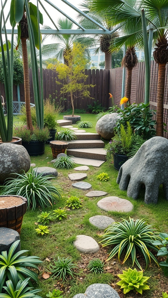 A well-designed sensory garden featuring smooth stones, various plants, and inviting pathways for tactile play.