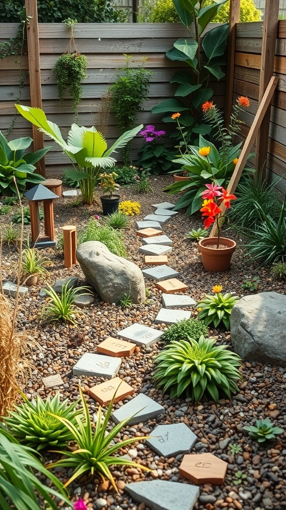 A sensory garden with a winding stone path, plants, and colorful flowers.