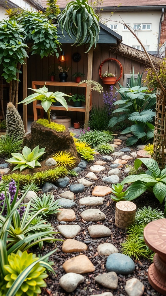 A vibrant sensory garden with a stone pathway, various plants, and lush greenery.