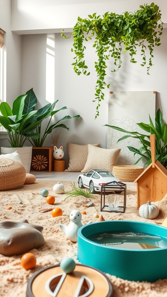 A cozy sensory play area with sand, colorful toys, and plants, designed for children's exploration.