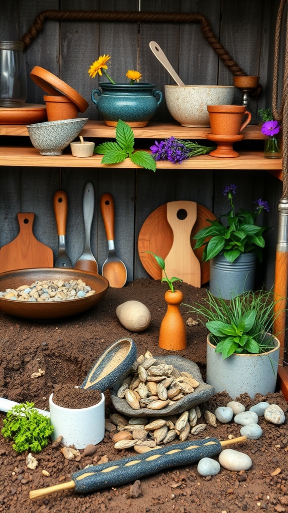 An outdoor mud kitchen setup featuring various bowls, pots, plants, and a textured soil base.