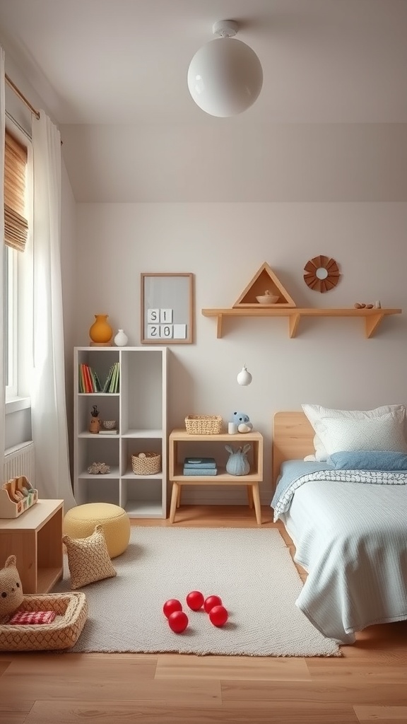 A cozy Montessori toddler bedroom featuring a soft rug, colorful toys, and open storage for sensory play.