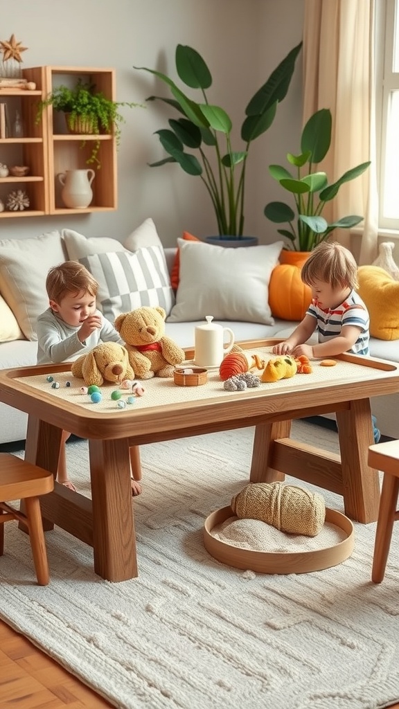Children playing at a sensory play table in a cozy living room