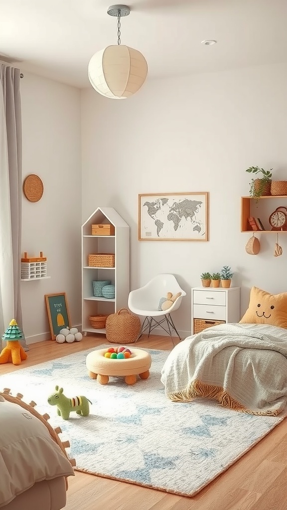 A cozy toddler bedroom with a sensory play zone featuring a circular play mat with colorful balls, toys, and cheerful decor.