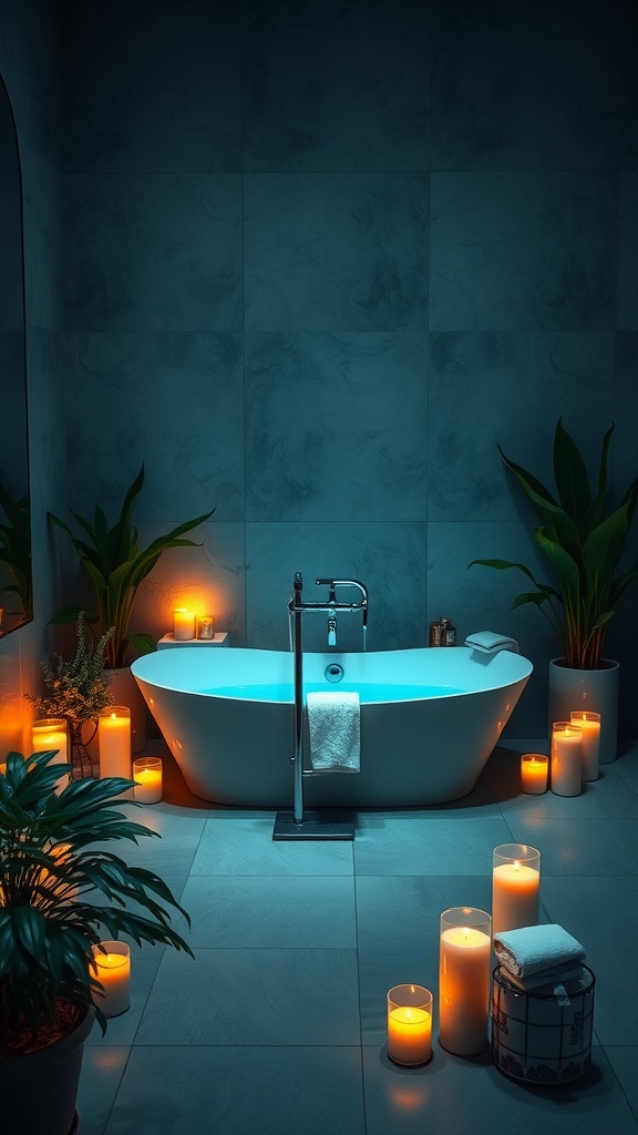 An elegant bathroom with a blue bathtub, surrounded by candles and plants, creating a serene atmosphere.