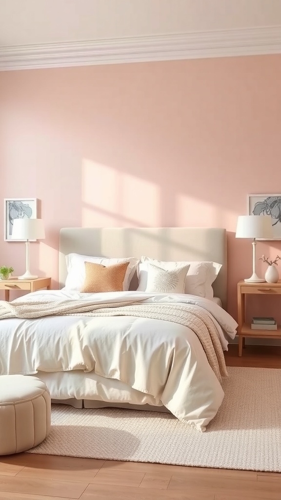 A serene bedroom with blush pink walls, a cozy bed, and soft decor.