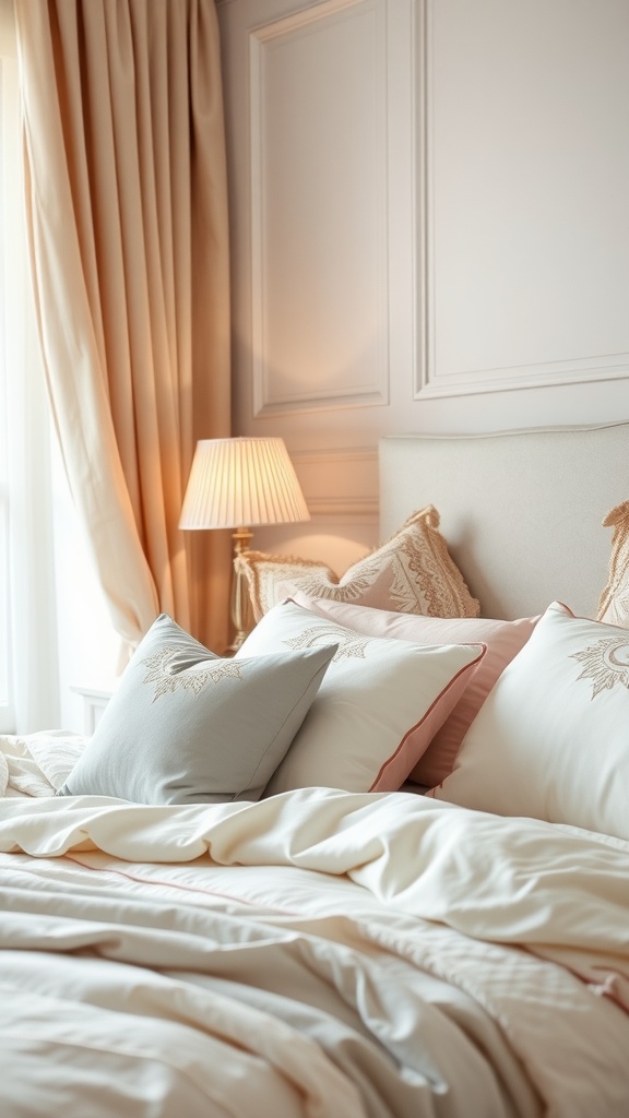A serene bedroom with beige curtains, soft pillows in pastel colors, and warm lighting.