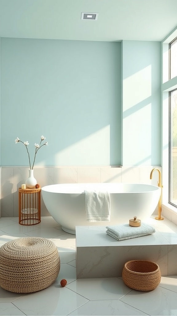 A serene bathroom featuring mint green walls, a freestanding tub, and natural decor elements.