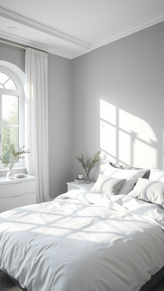 A serene gray and white bedroom with a cozy bed and natural light.