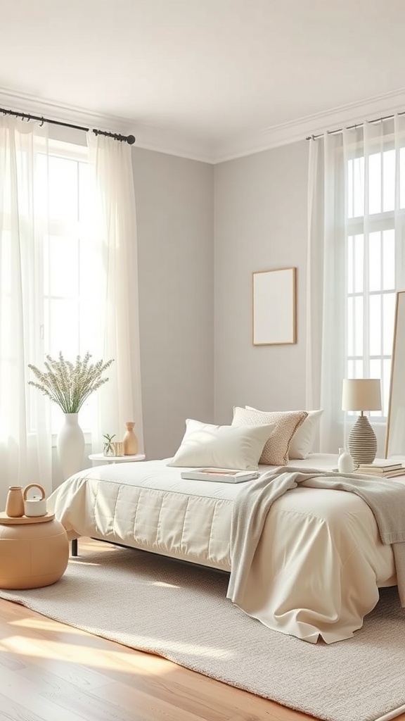 A serene greige bedroom featuring soft tones, natural light, and minimalistic decor.