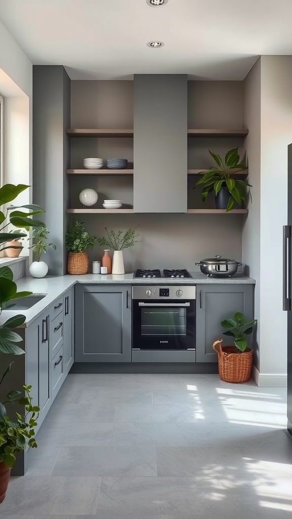 A modern kitchen featuring grey cabinets, open shelves, and green plants for a fresh look.