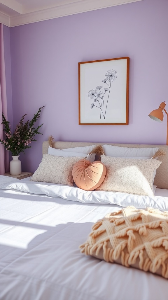A serene lavender bedroom featuring a cozy bed with plush pillows, floral artwork, and a vase of greenery.