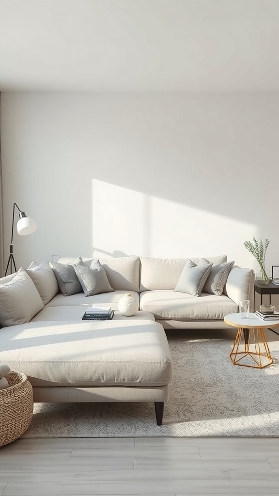 A light grey couch in a serene living room with soft lighting and minimal decor.