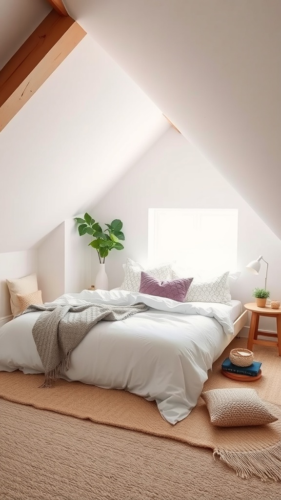 A cozy attic bedroom with soft bedding, natural light, and plants.