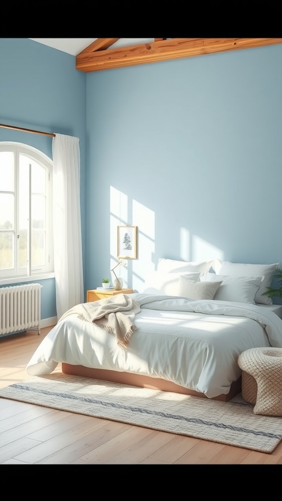 A serene bedroom with sky blue walls, white bedding, and wooden accents, featuring natural light from a window.