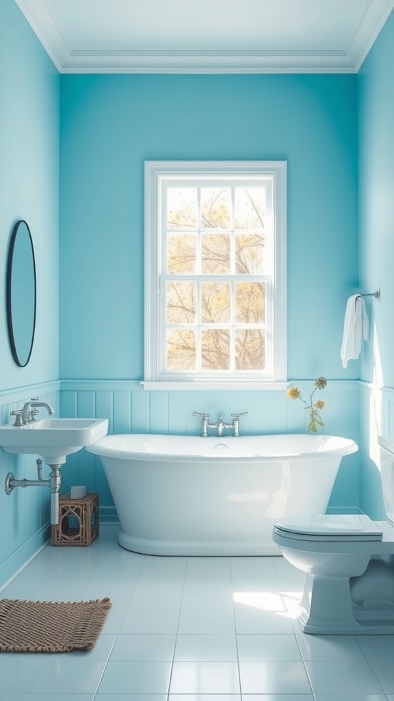A serene bathroom with sky blue walls, a freestanding bathtub, and natural light from a window.