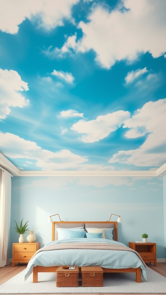 Bedroom with a painted sky mural on the ceiling, featuring blue tones and soft clouds.