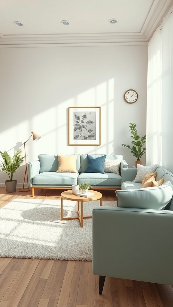 A serene living room featuring a light green sofa, wooden accents, and natural light.