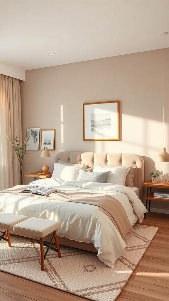 A serene taupe bedroom featuring a plush bed, warm lighting, and minimalist decor.